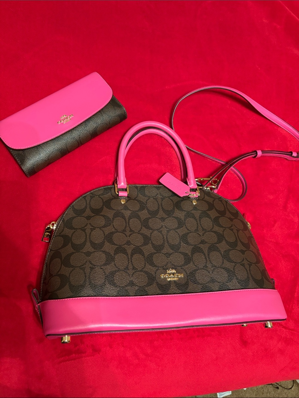 Coach Brown Signature Satchel with Pink Trim and Wallet
